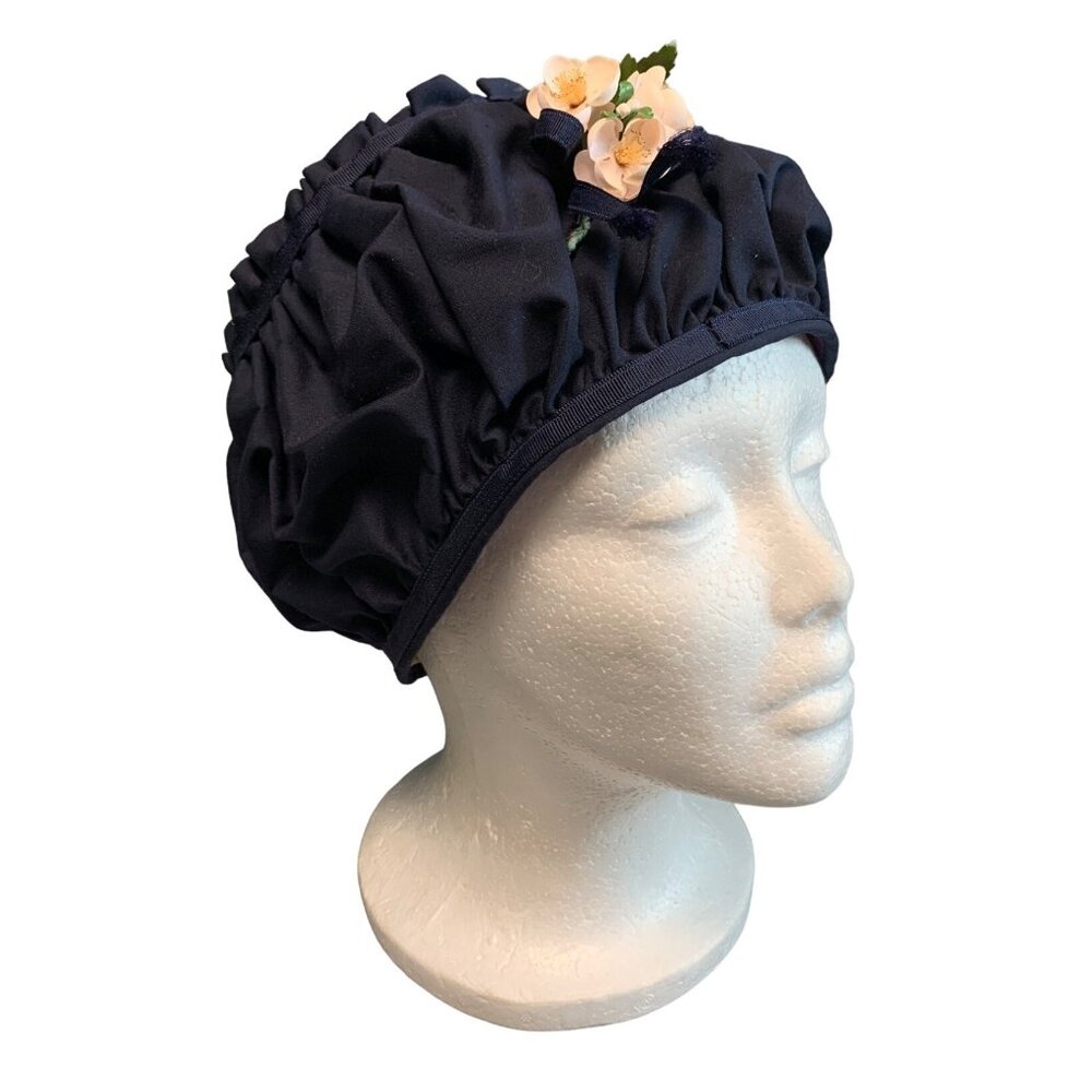 Handmade Navy Blue Ruffled Vintage Hat with Floral Accent by Pauline Boyer 21"